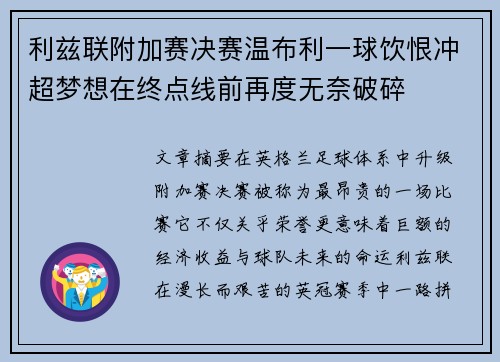 利兹联附加赛决赛温布利一球饮恨冲超梦想在终点线前再度无奈破碎